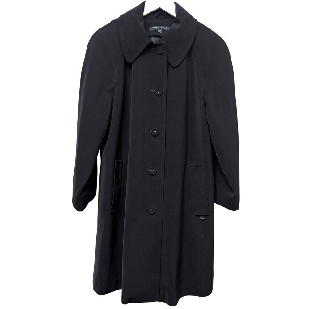 Anne Klein Black Trench Coat  Size 10 Classic Womens Button Front Removable Hood
